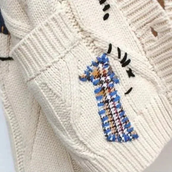 Patchwork Knit Embroidery College V-Neck Cardigan Button Up Sweater - Picture 4 of 4